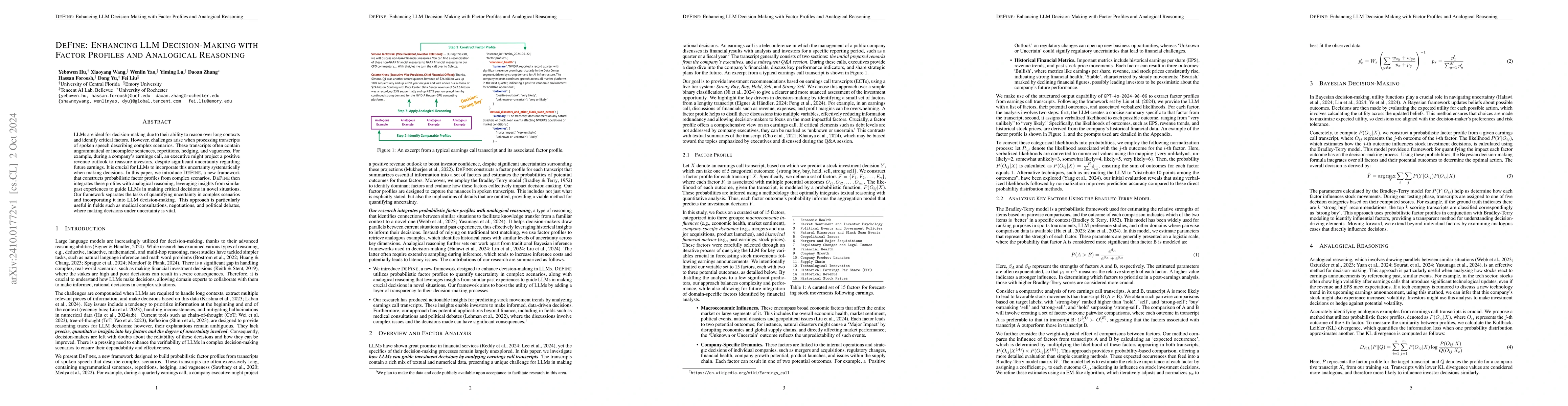 Thumbnail for DeFine: Enhancing LLM Decision-Making with Factor Profiles and
  Analogical Reasoning