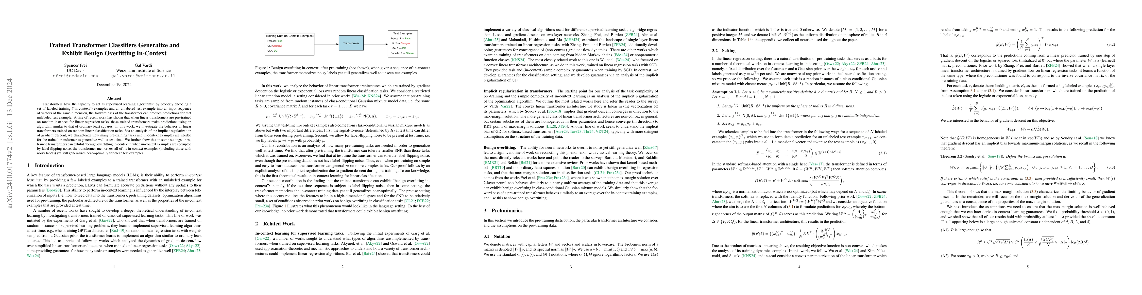 Thumbnail for Trained Transformer Classifiers Generalize and Exhibit Benign
  Overfitting In-Context