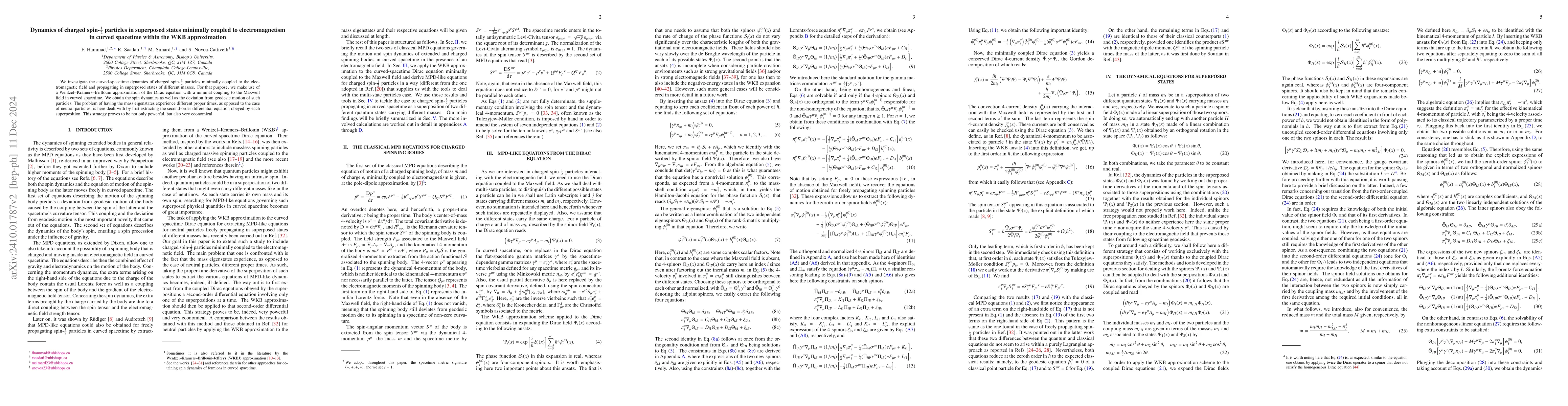 Thumbnail for Dynamics of charged spin-$\frac{1}{2}$ particles in superposed states
  minimally coupled to electromagnetism in curved spacetime within the WKB
  approximation