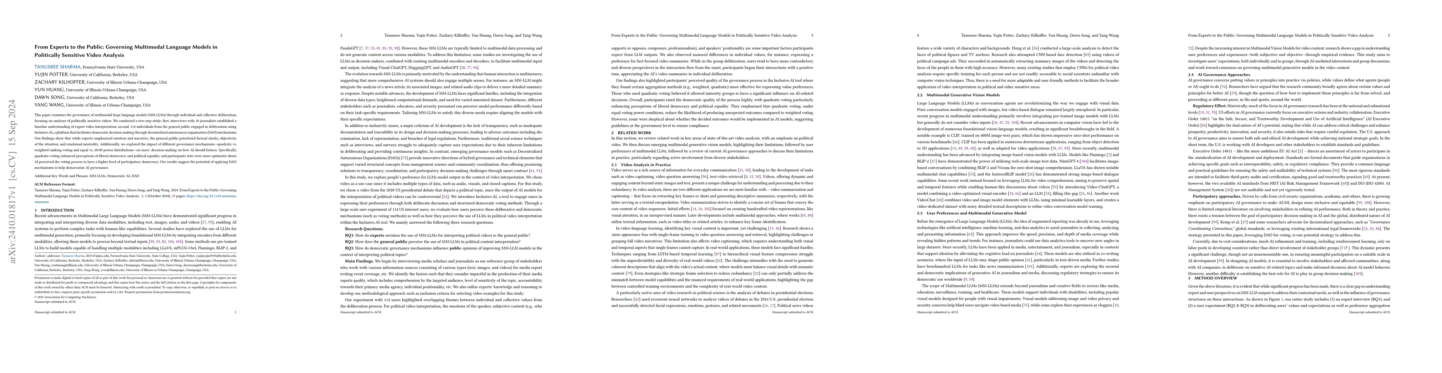 Thumbnail for From Experts to the Public: Governing Multimodal Language Models in
  Politically Sensitive Video Analysis