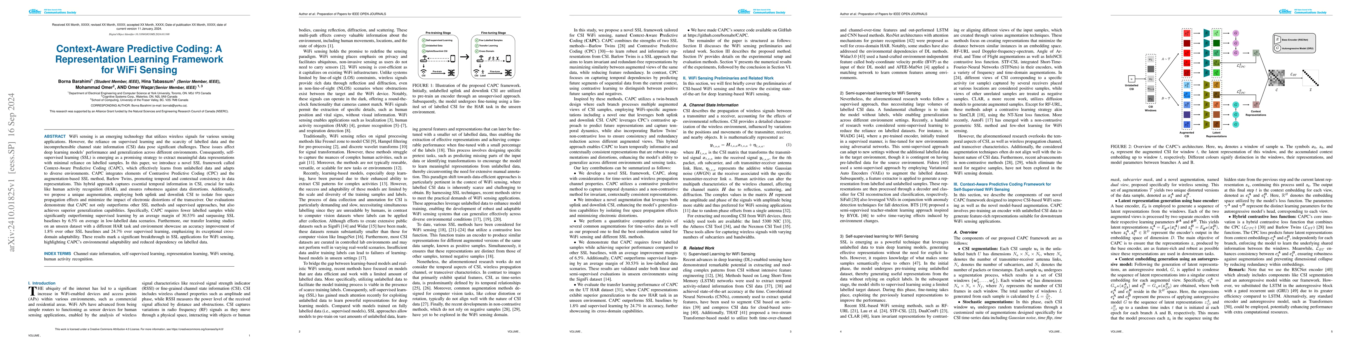 Thumbnail for Context-Aware Predictive Coding: A Representation Learning Framework for
  WiFi Sensing