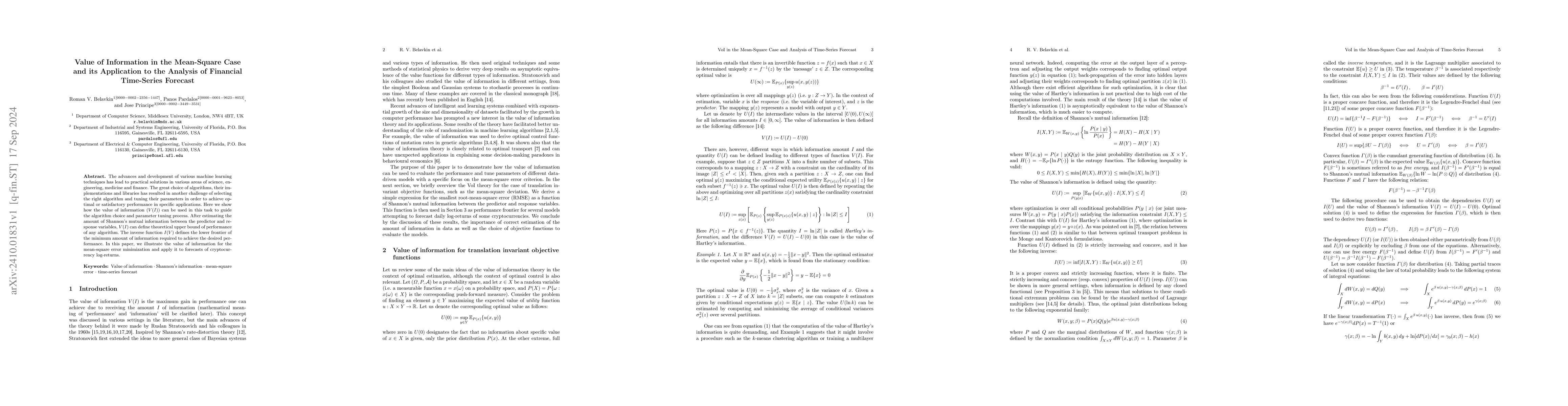 Thumbnail for Value of Information in the Mean-Square Case and its Application to the
  Analysis of Financial Time-Series Forecast
