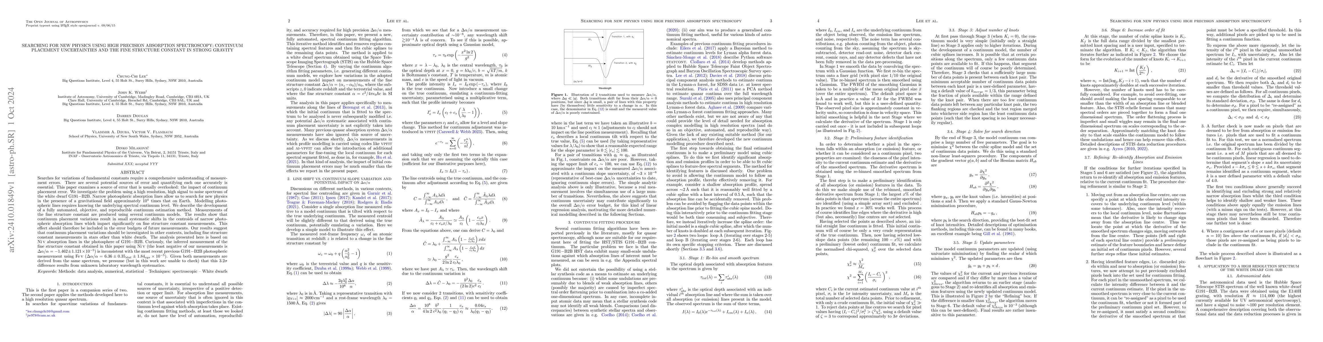 Thumbnail for Searching for new physics using high precision absorption spectroscopy;
  continuum placement uncertainties and the fine structure constant in strong
  gravity