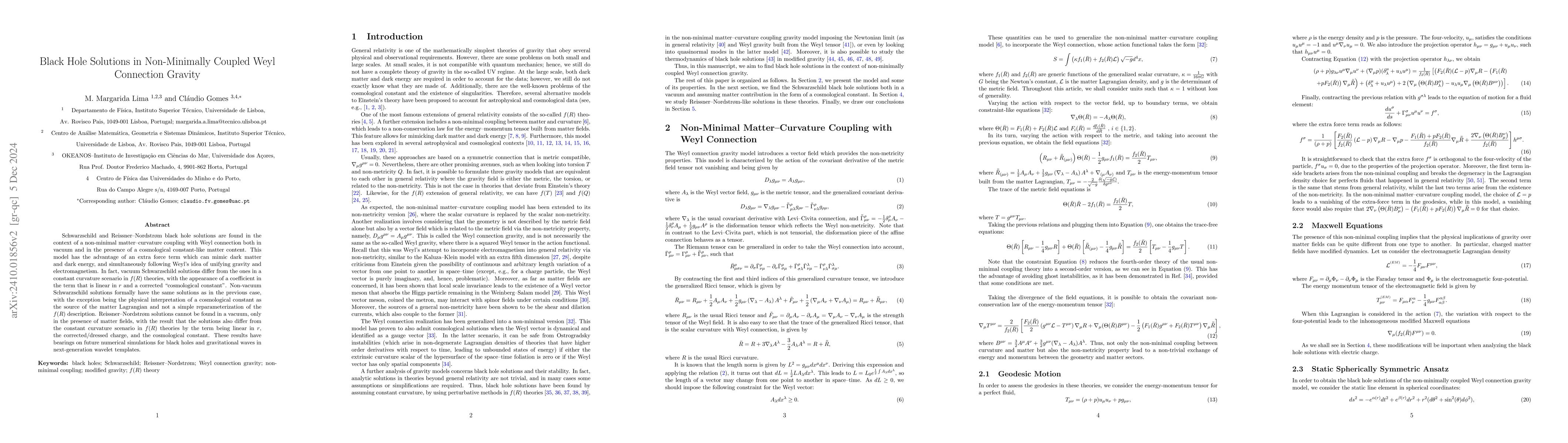 Thumbnail for Black Hole Solutions in Non-Minimally Coupled Weyl Connection Gravity