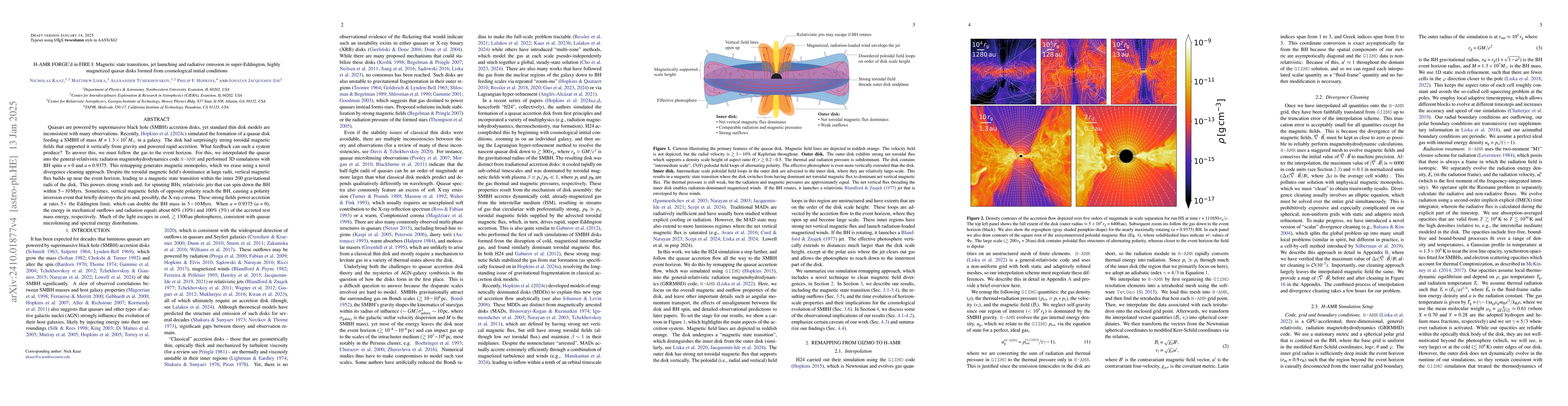 Thumbnail for H-AMR FORGE'd in FIRE I: Magnetic state transitions, jet launching and
  radiative emission in super-Eddington, highly magnetized quasar disks formed
  from cosmological initial conditions