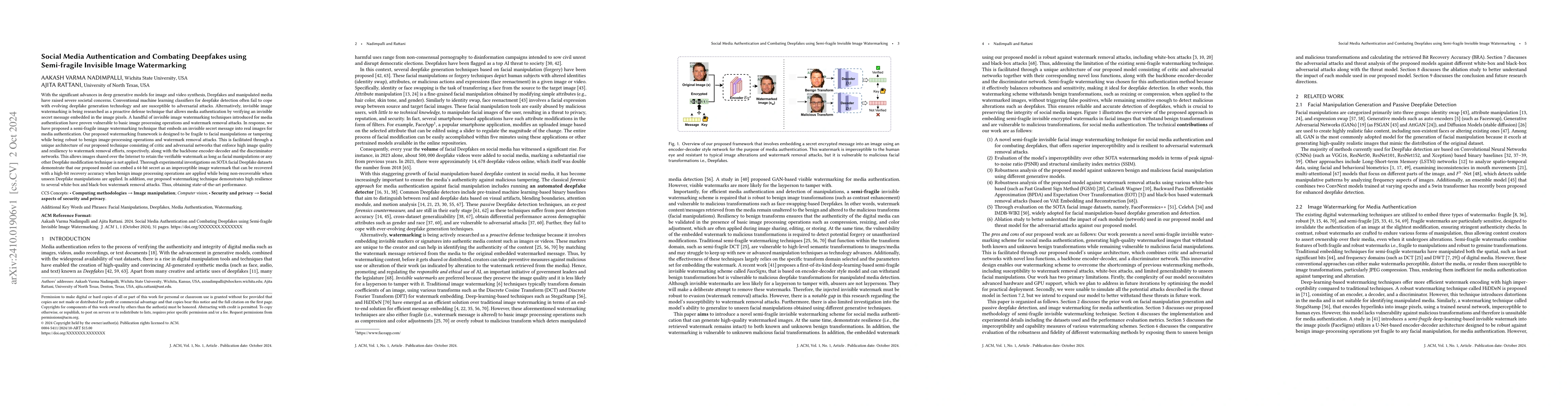 Thumbnail for Social Media Authentication and Combating Deepfakes using Semi-fragile
  Invisible Image Watermarking