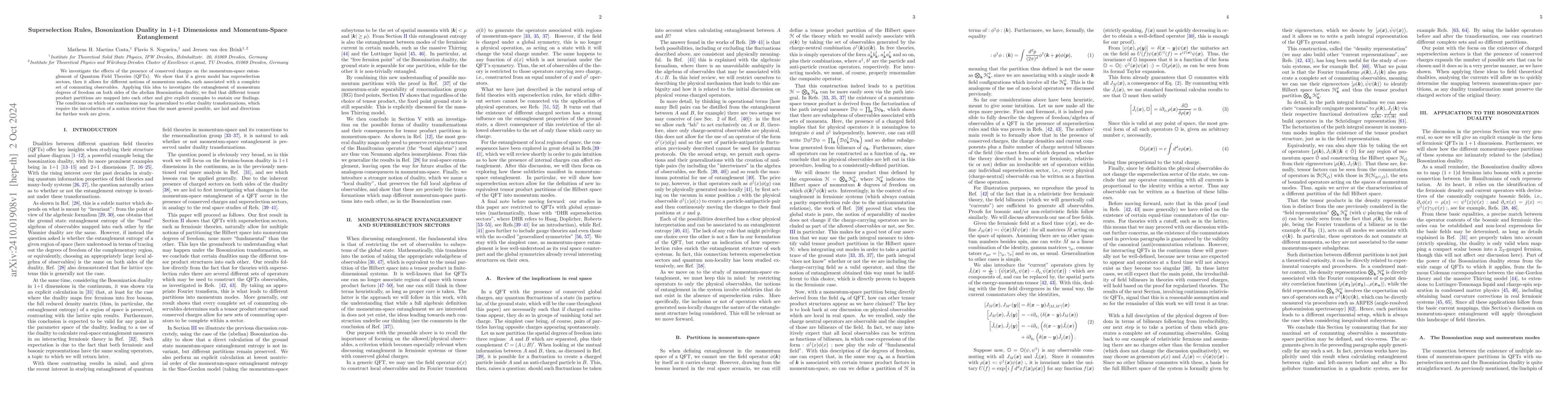 Thumbnail for Superselection Rules, Bosonization Duality in 1+1 Dimensions and
  Momentum-Space Entanglement