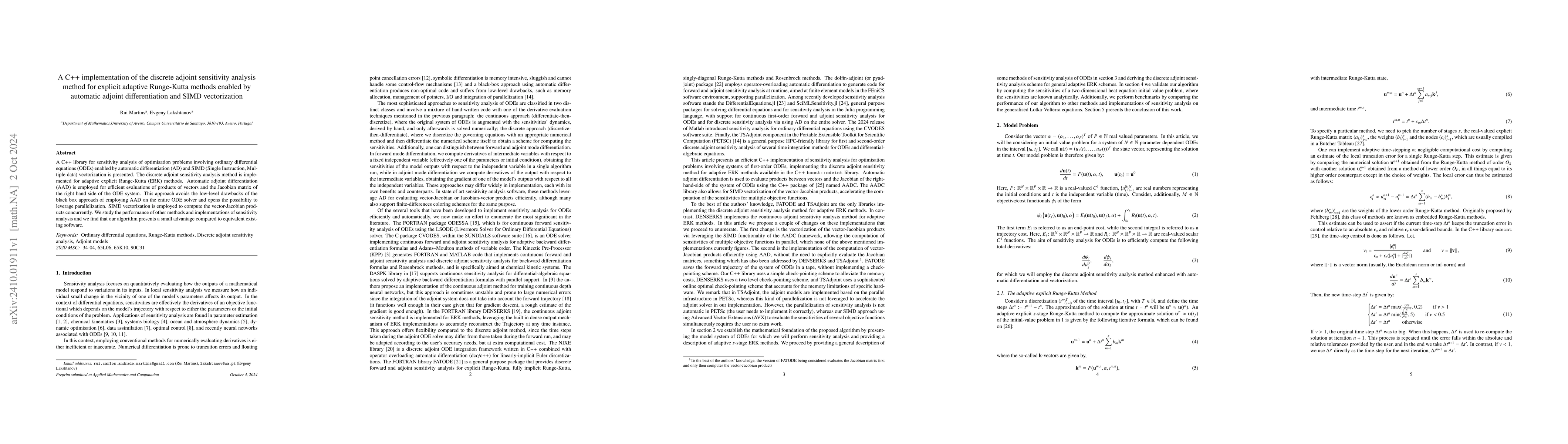 Thumbnail for A C++ implementation of the discrete adjoint sensitivity analysis method
  for explicit adaptive Runge-Kutta methods enabled by automatic adjoint
  differentiation and SIMD vectorization