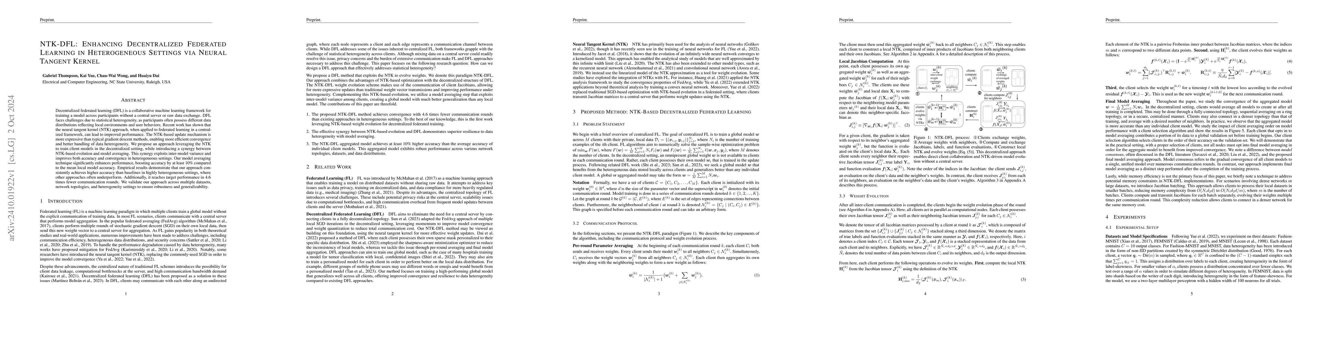 Thumbnail for NTK-DFL: Enhancing Decentralized Federated Learning in Heterogeneous
  Settings via Neural Tangent Kernel