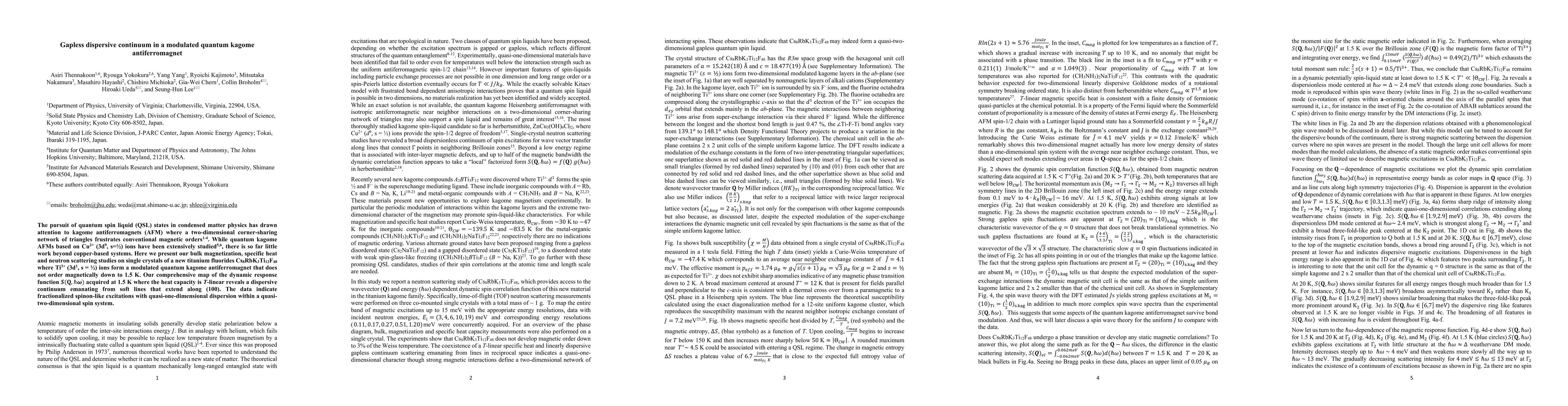 Thumbnail for Gapless dispersive continuum in a modulated quantum kagome
  antiferromagnet