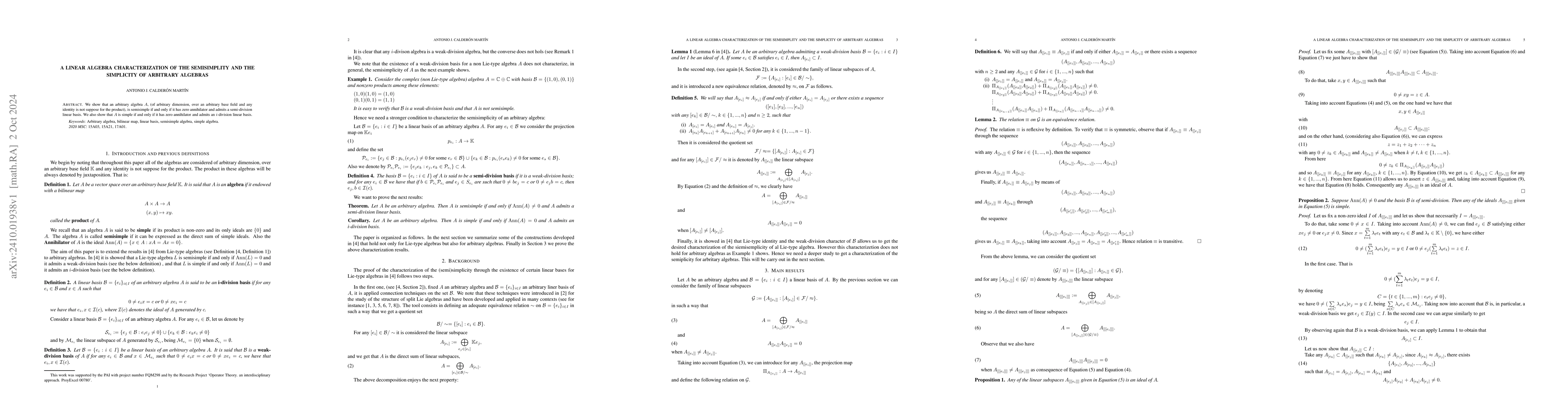 Thumbnail for A linear algebra characterization of the semisimplicity and the
  simplicity of arbitrary algebras