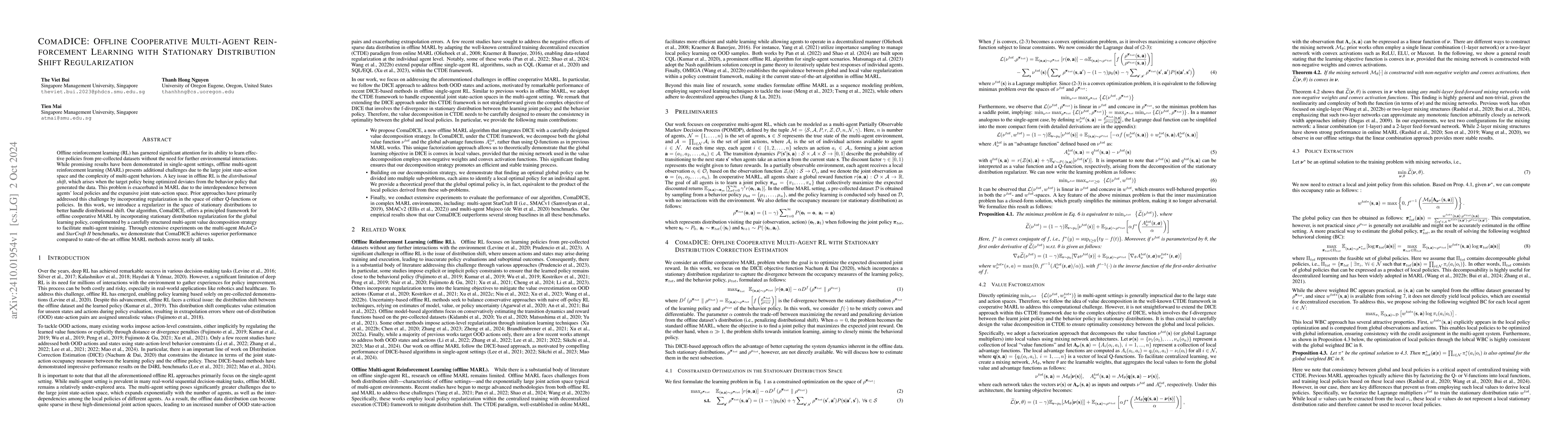 Thumbnail for ComaDICE: Offline Cooperative Multi-Agent Reinforcement Learning with
  Stationary Distribution Shift Regularization
