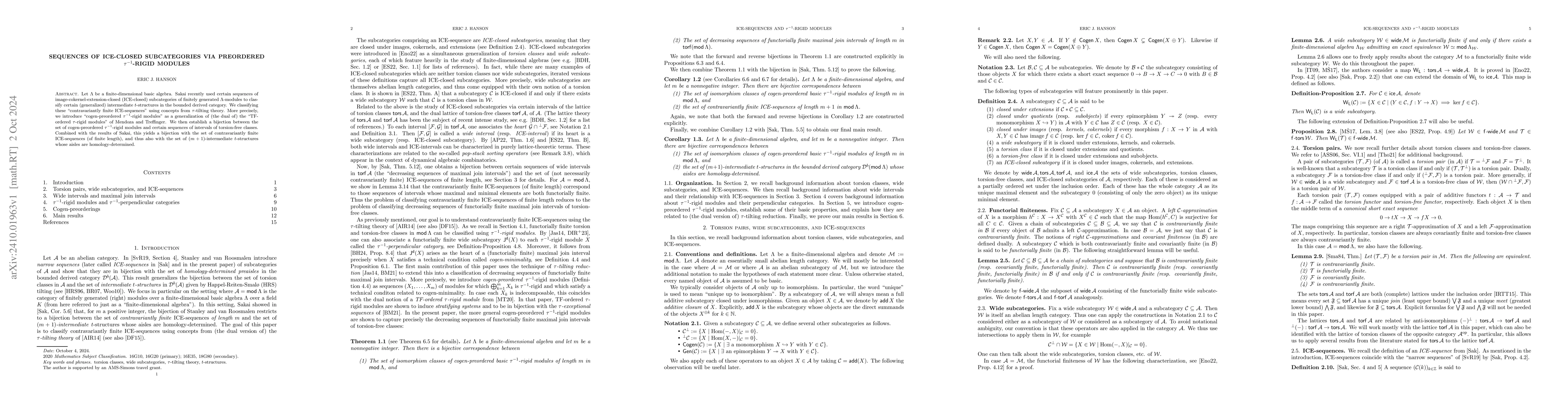 Thumbnail for Sequences of ICE-closed subcategories via preordered $τ^{-1}$-rigid
  modules