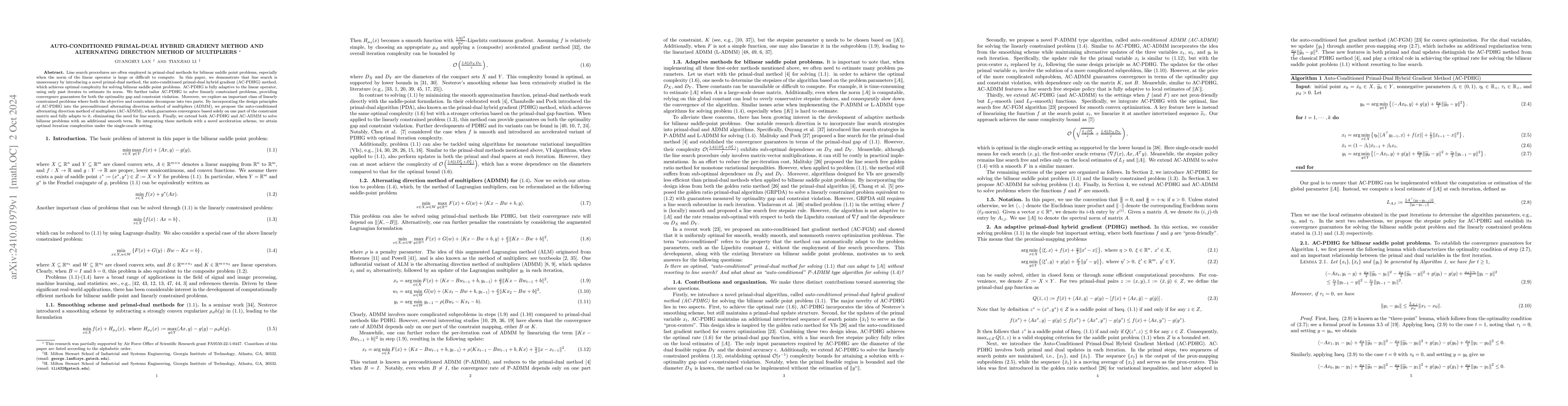 Thumbnail for Auto-conditioned primal-dual hybrid gradient method and alternating
  direction method of multipliers