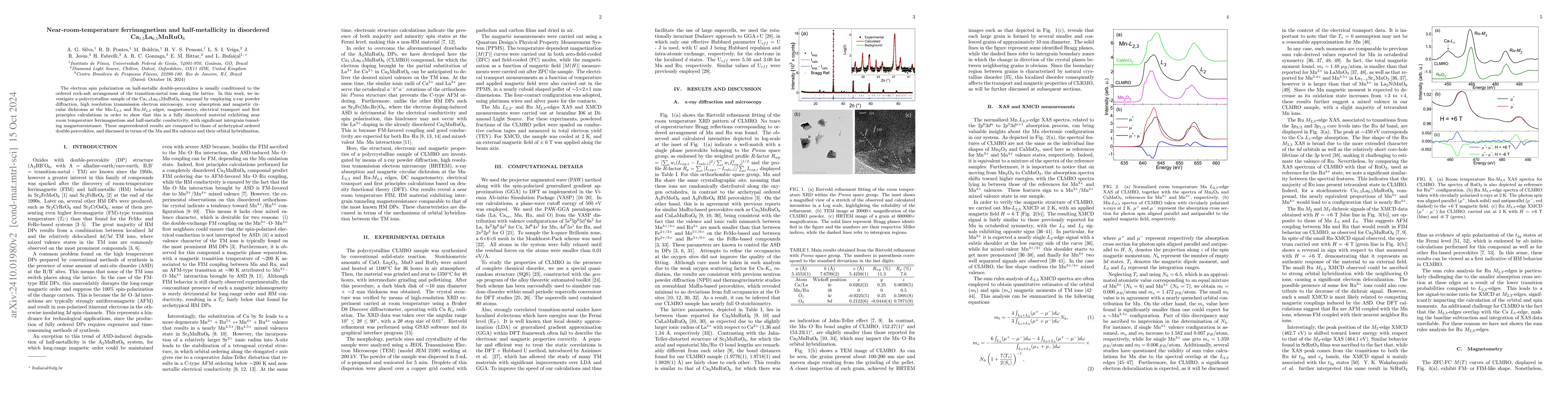 Thumbnail for Near-room-temperature ferrimagnetism and half-metallicity in disordered
  Ca1.5La0.5MnRuO6