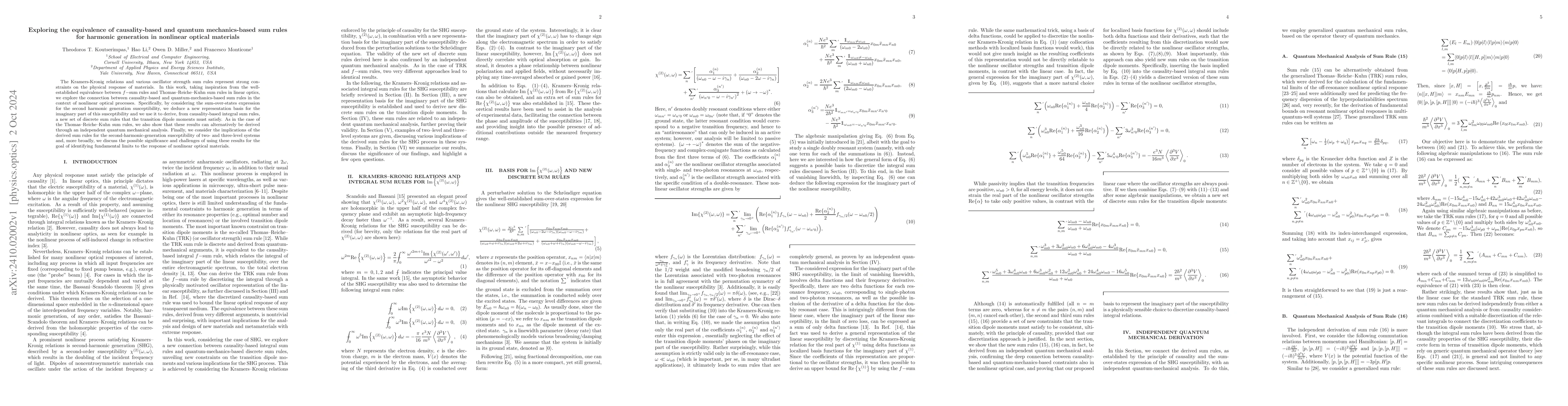 Thumbnail for Exploring the equivalence of causality-based and quantum mechanics-based
  sum rules for harmonic generation in nonlinear optical materials