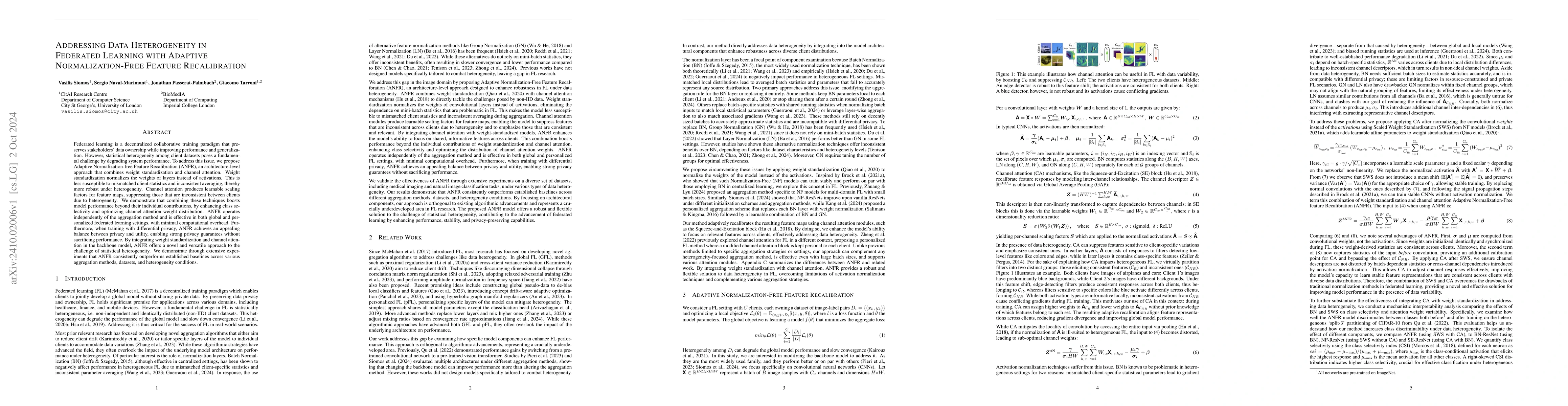 Thumbnail for Addressing Data Heterogeneity in Federated Learning with Adaptive
  Normalization-Free Feature Recalibration