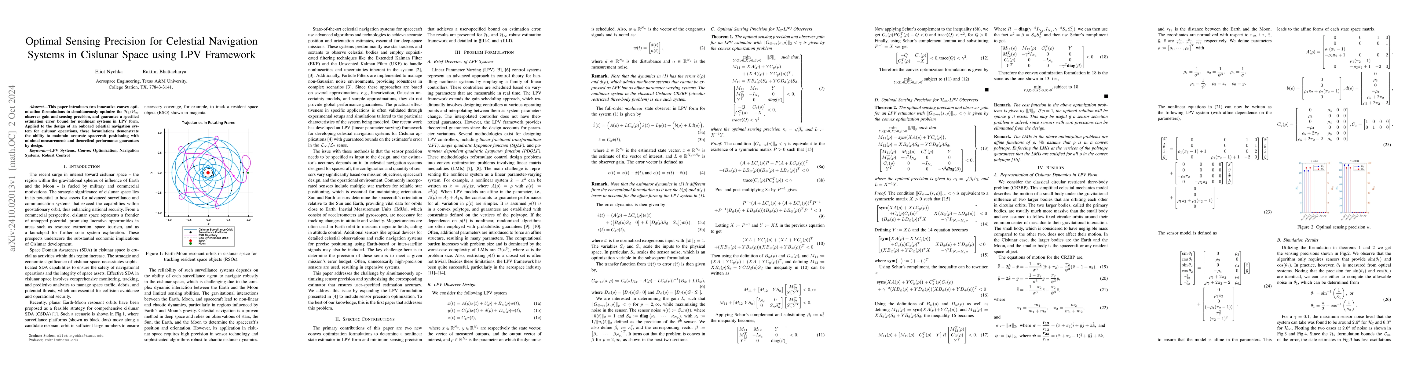 Thumbnail for Optimal Sensing Precision for Celestial Navigation Systems in Cislunar
  Space using LPV Framework