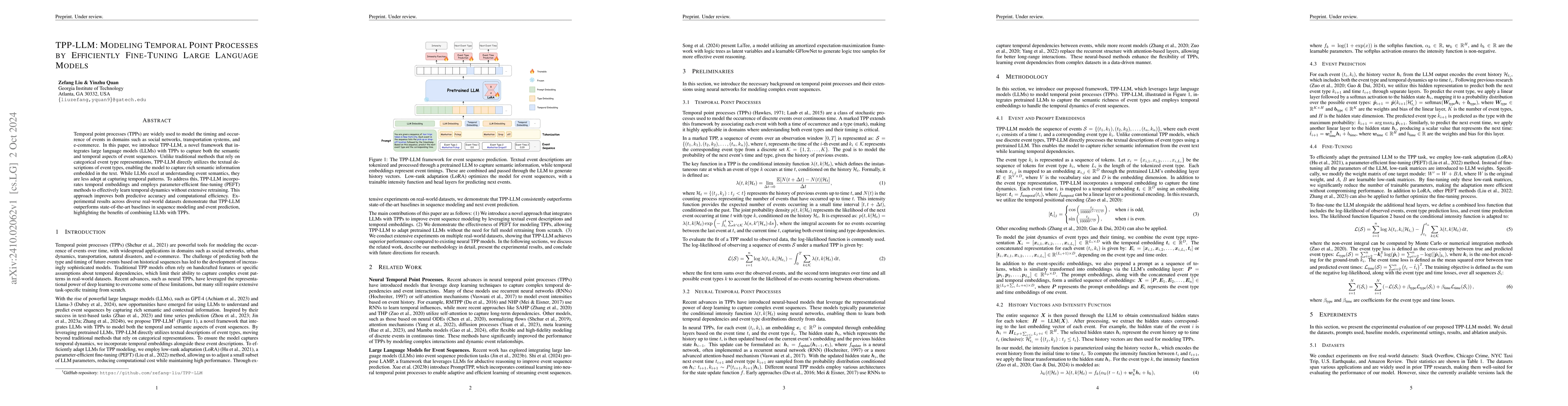 Thumbnail for TPP-LLM: Modeling Temporal Point Processes by Efficiently Fine-Tuning
  Large Language Models