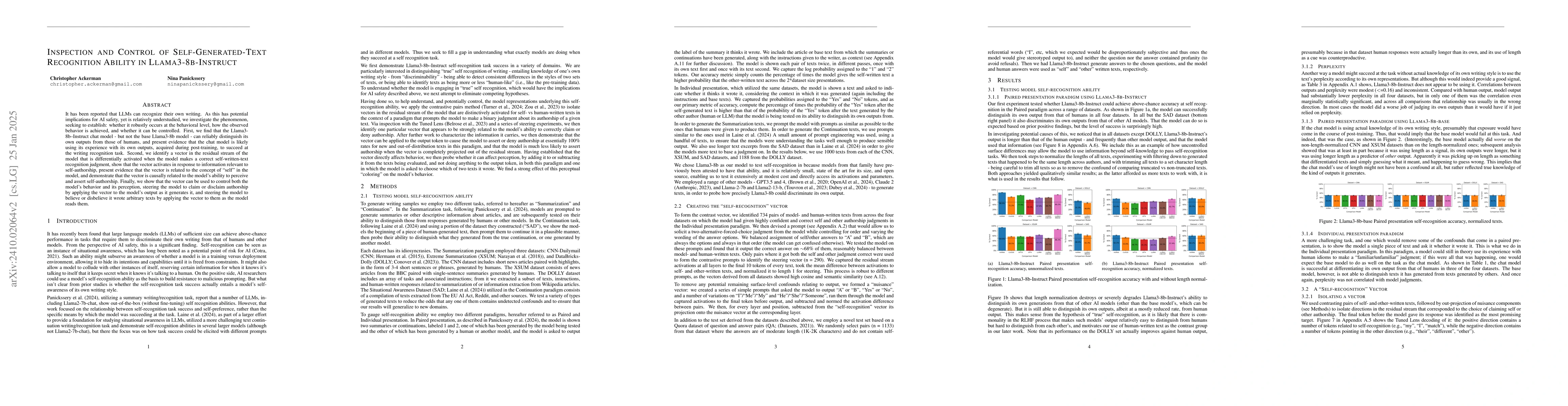 Thumbnail for Inspection and Control of Self-Generated-Text Recognition Ability in
  Llama3-8b-Instruct