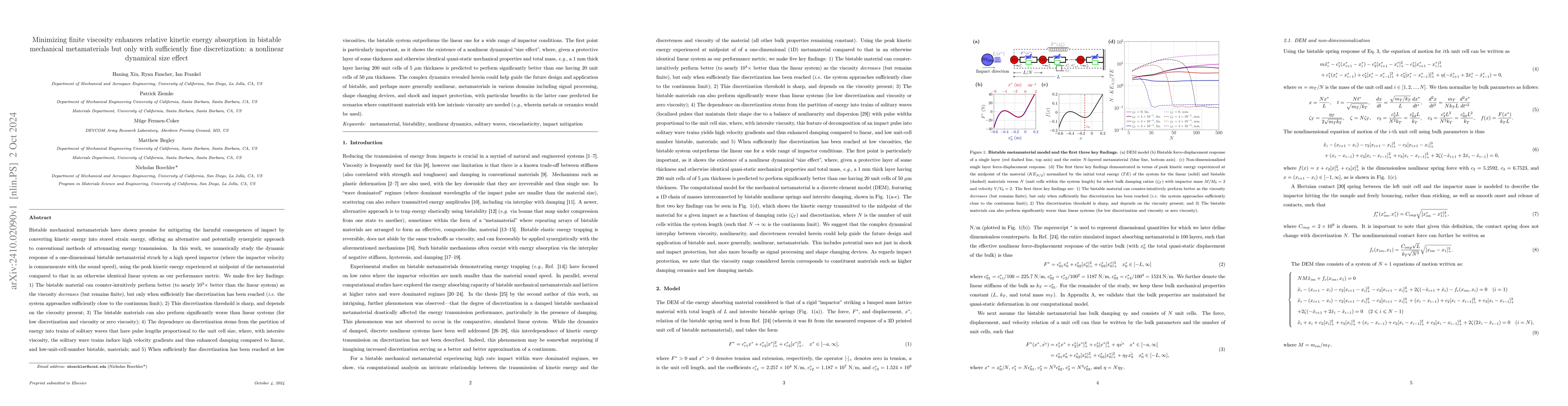 Thumbnail for Minimizing finite viscosity enhances relative kinetic energy absorption
  in bistable mechanical metamaterials but only with sufficiently fine
  discretization: a nonlinear dynamical size effect