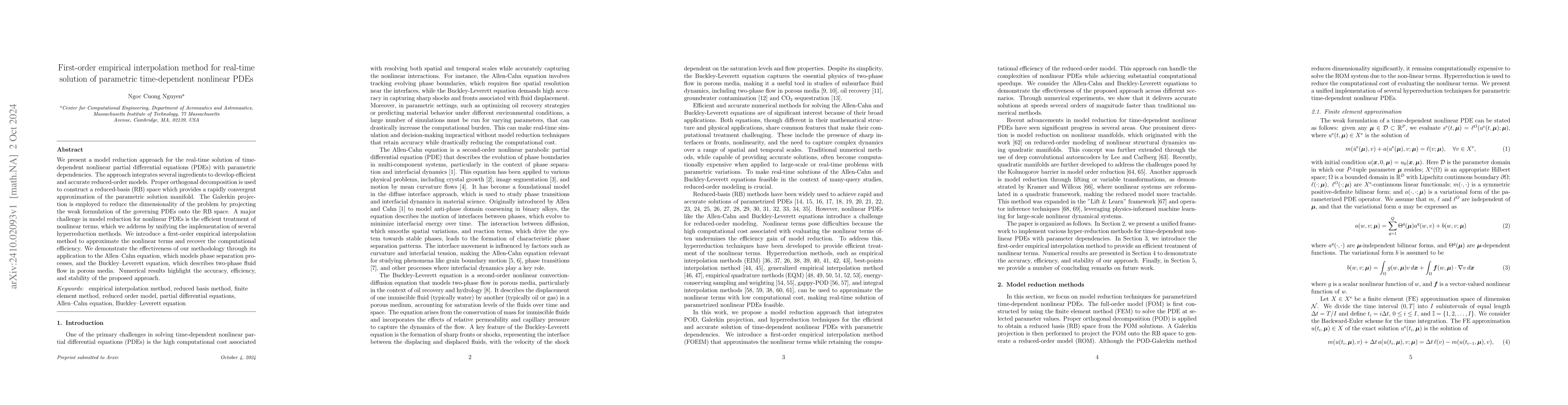 Thumbnail for First-order empirical interpolation method for real-time solution of
  parametric time-dependent nonlinear PDEs
