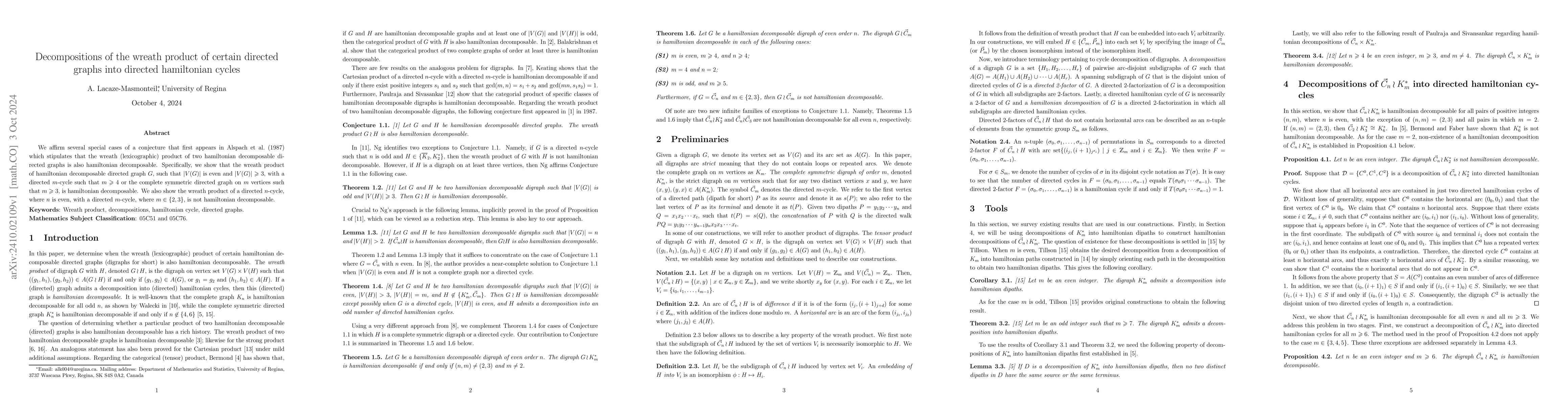 Thumbnail for Decompositions of the wreath product of certain directed graphs into
  directed hamiltonian cycles