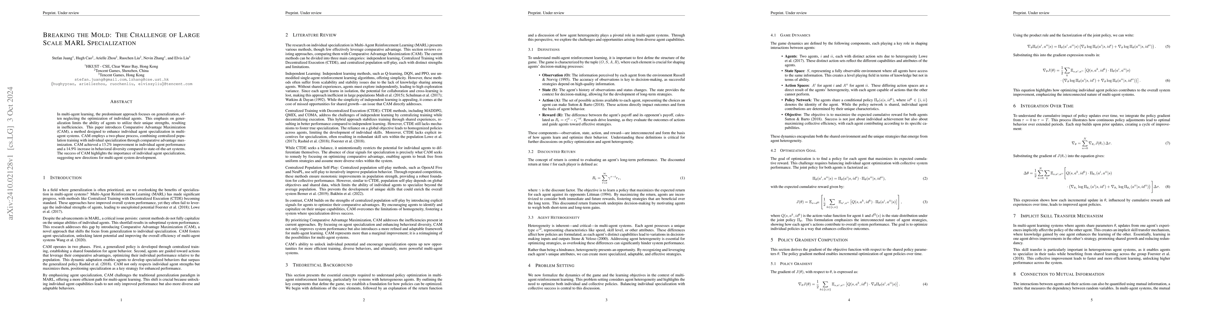 Thumbnail for Breaking the mold: The challenge of large scale MARL specialization