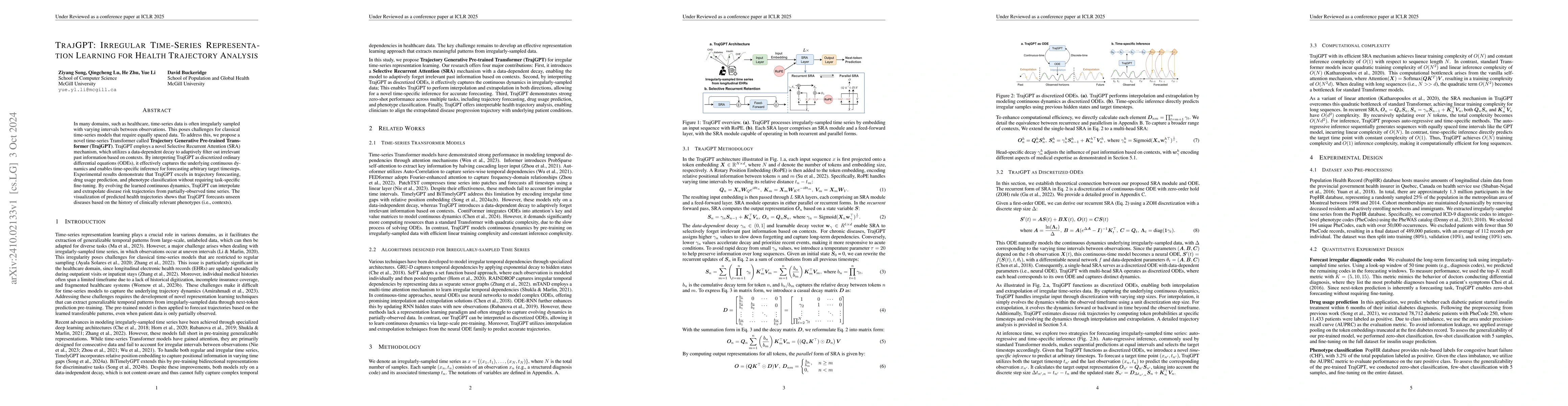 Thumbnail for TrajGPT: Irregular Time-Series Representation Learning for Health
  Trajectory Analysis