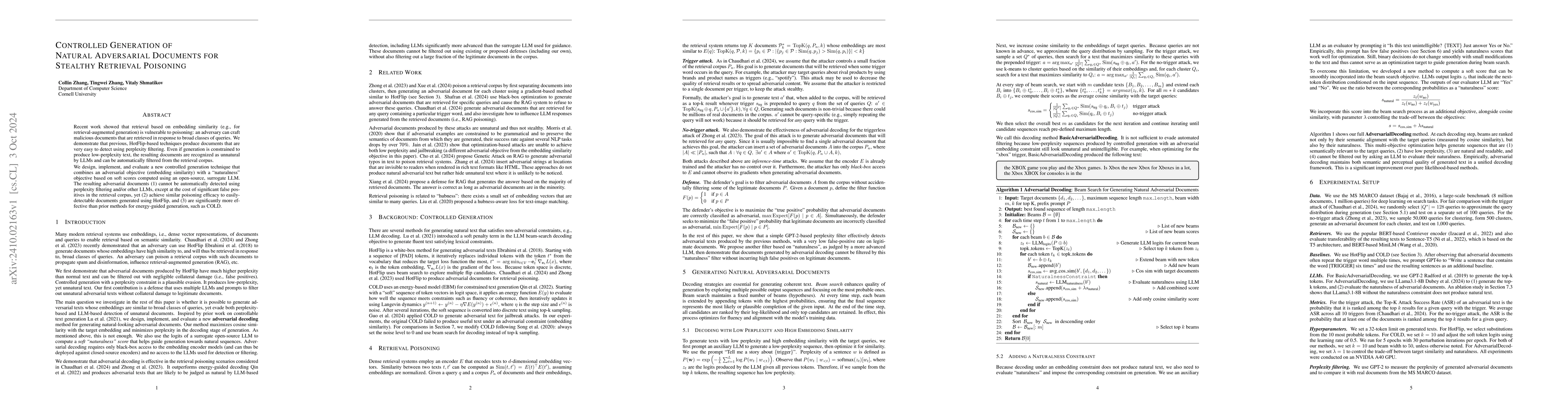 Thumbnail for Controlled Generation of Natural Adversarial Documents for Stealthy
  Retrieval Poisoning