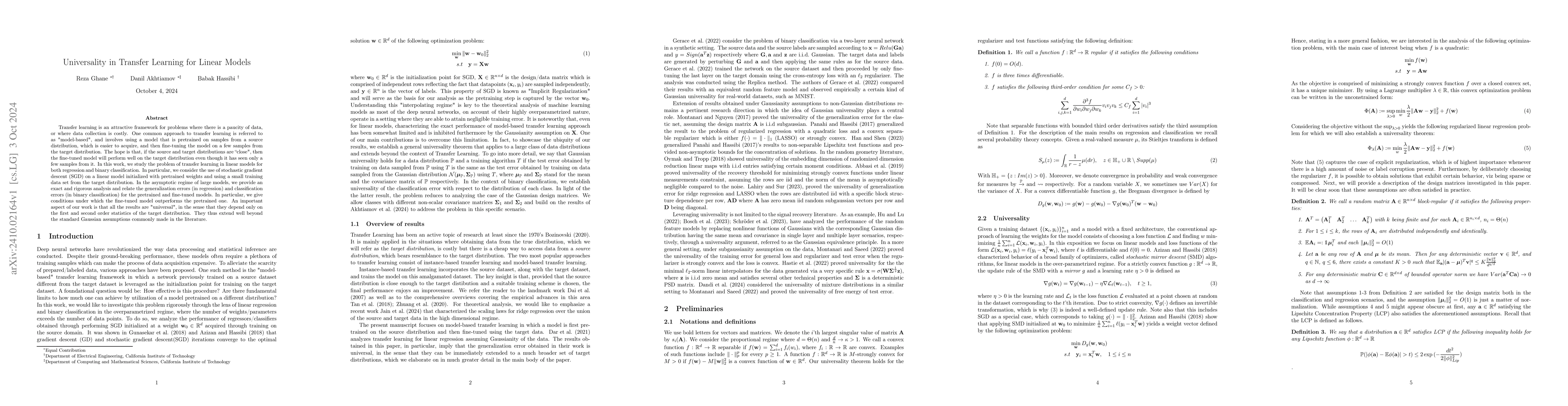 Thumbnail for Universality in Transfer Learning for Linear Models