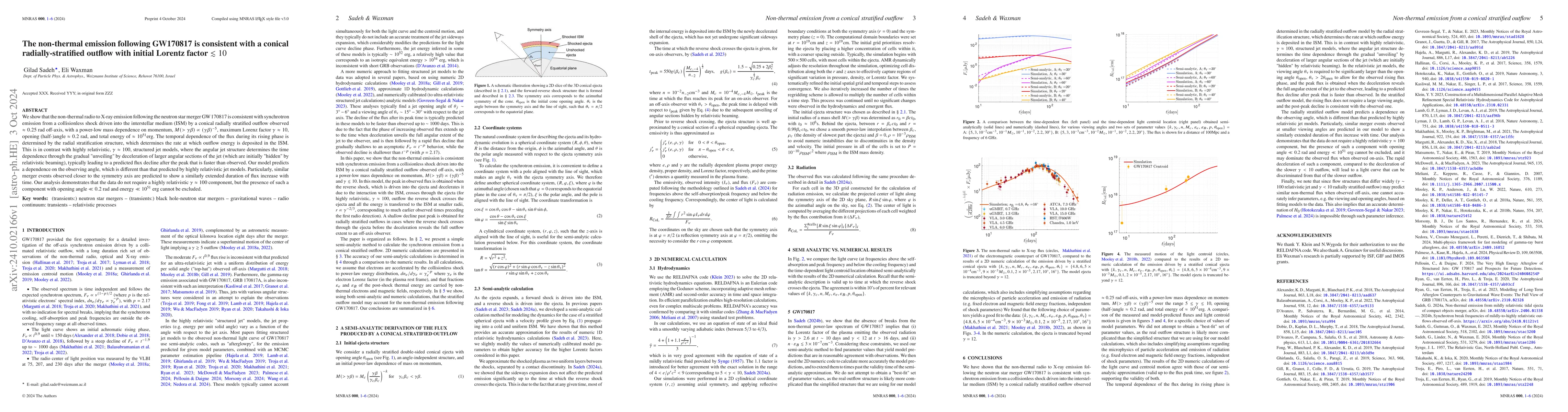 Thumbnail for The non-thermal emission following GW170817 is consistent with a conical
  radially-stratified outflow with initial Lorentz factor $\lesssim10$