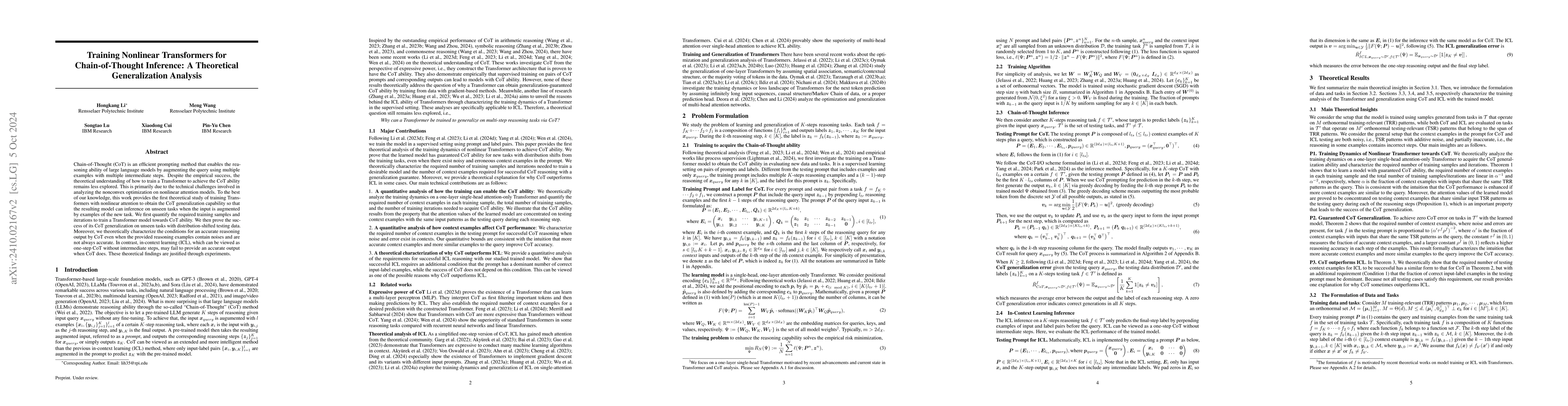 Thumbnail for Training Nonlinear Transformers for Chain-of-Thought Inference: A
  Theoretical Generalization Analysis