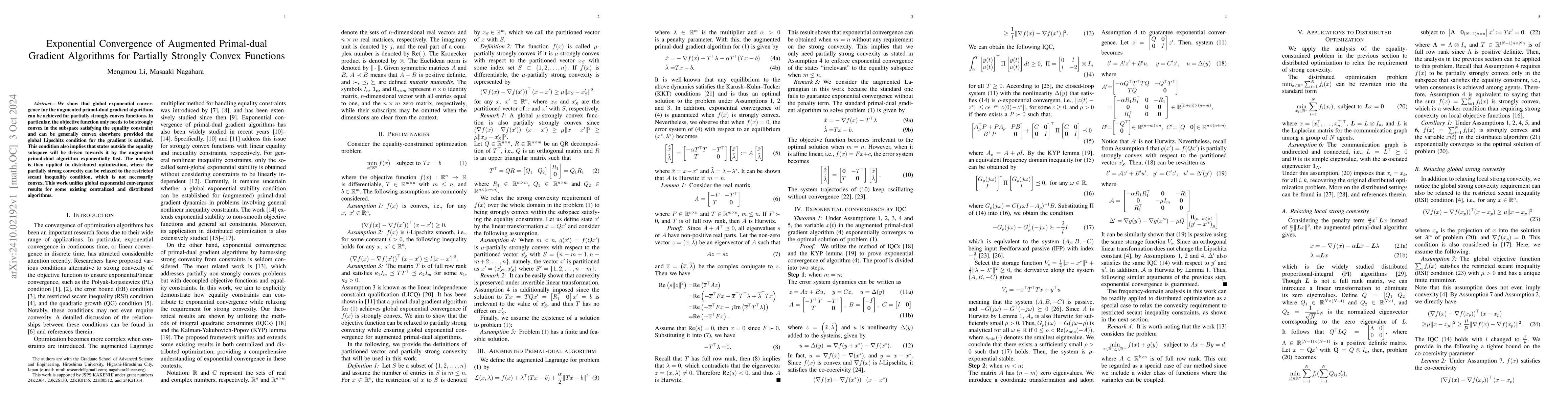 Thumbnail for Exponential Convergence of Augmented Primal-dual Gradient Algorithms for
  Partially Strongly Convex Functions