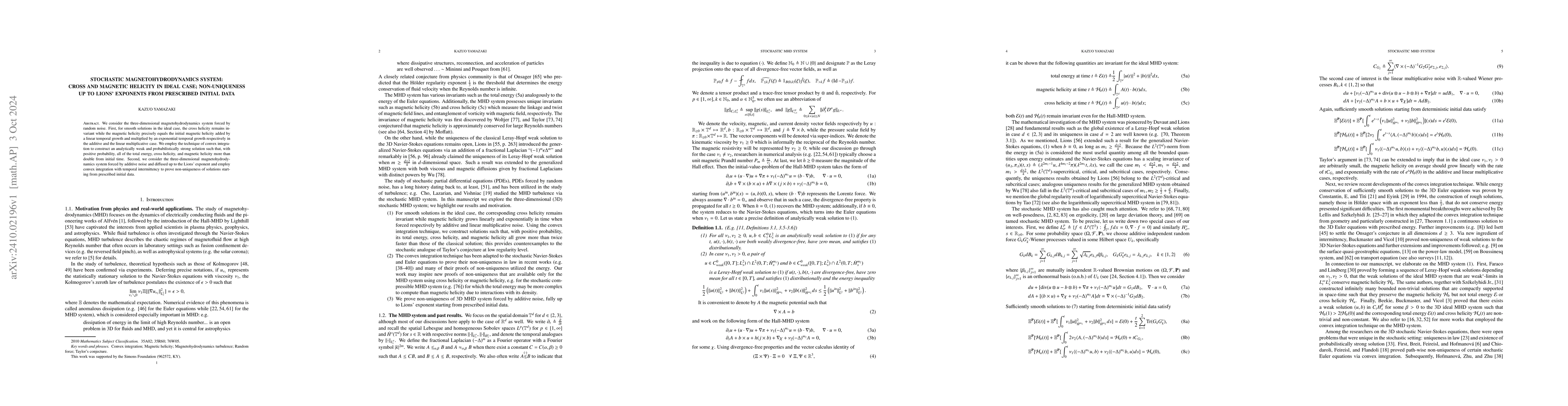 Thumbnail for Stochastic magnetohydrodynamics system: cross and magnetic helicity in
  ideal case; non-uniqueness up to Lions' exponents from prescribed initial
  data