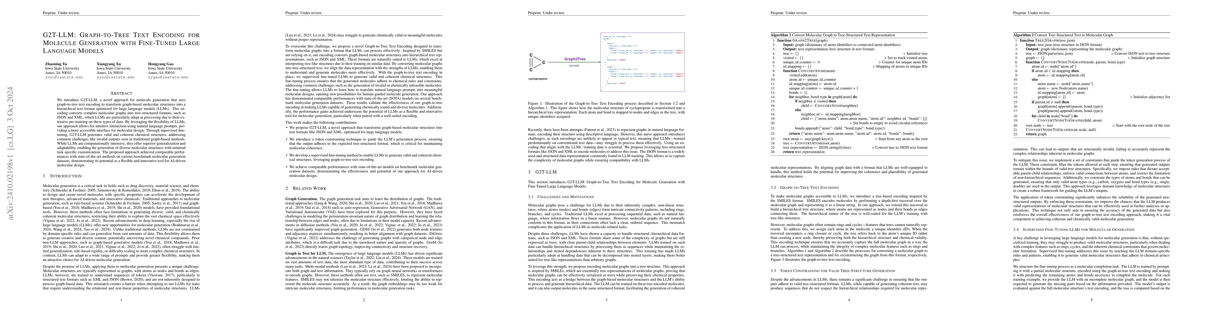 Thumbnail for G2T-LLM: Graph-to-Tree Text Encoding for Molecule Generation with
  Fine-Tuned Large Language Models