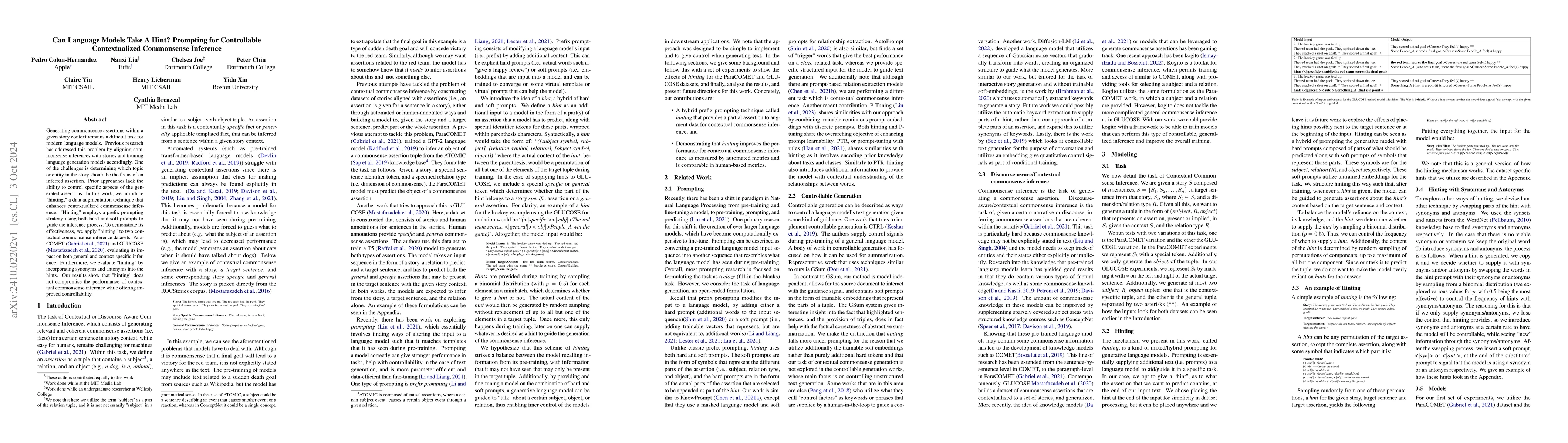 Thumbnail for Can Language Models Take A Hint? Prompting for Controllable
  Contextualized Commonsense Inference