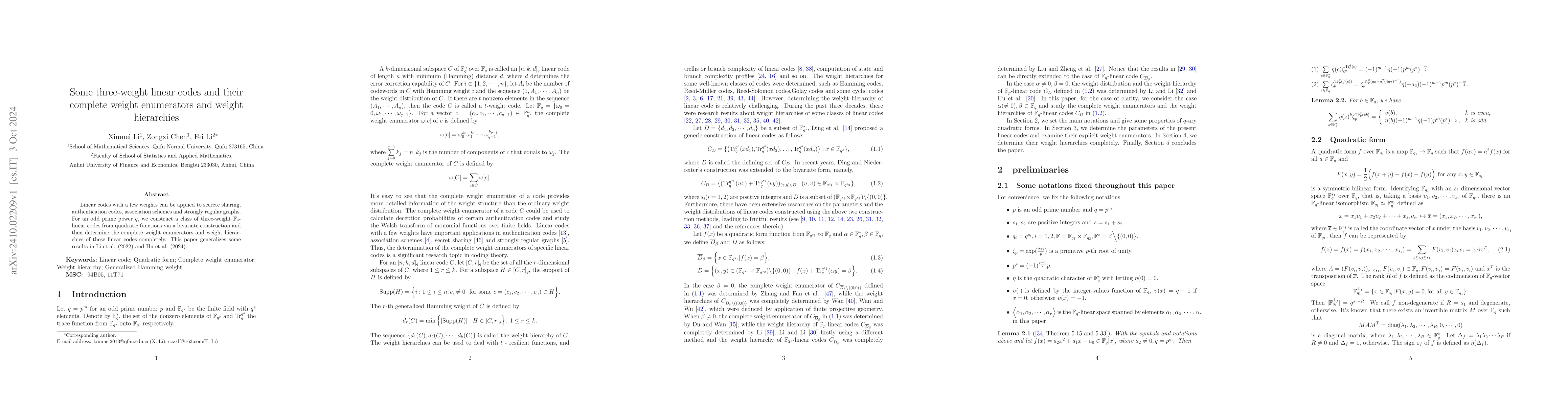 Thumbnail for Some three-weight linear codes and their complete weight enumerators and
  weight hierarchies