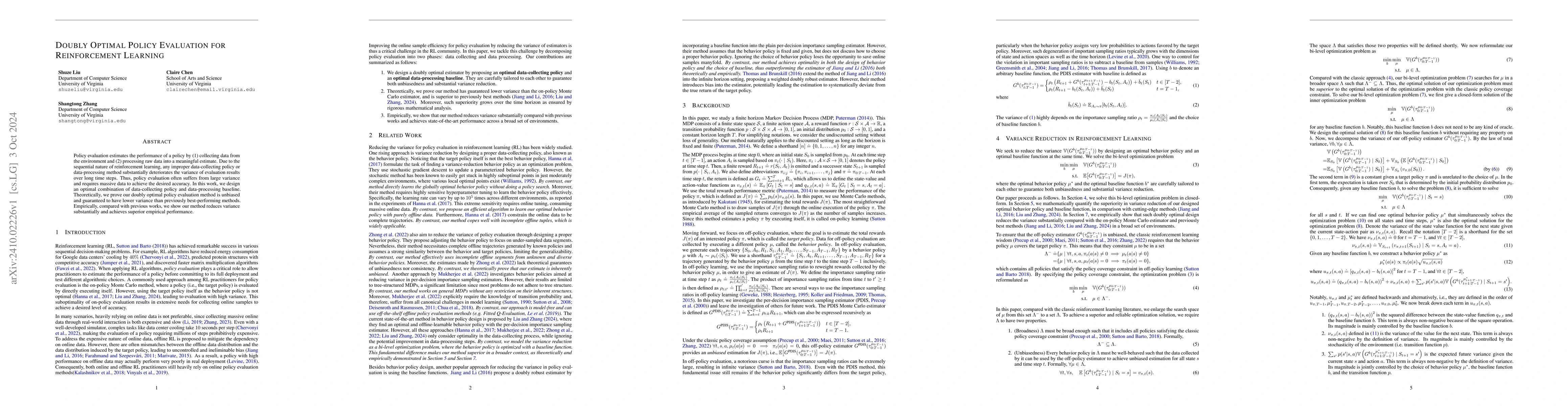 Thumbnail for Doubly Optimal Policy Evaluation for Reinforcement Learning