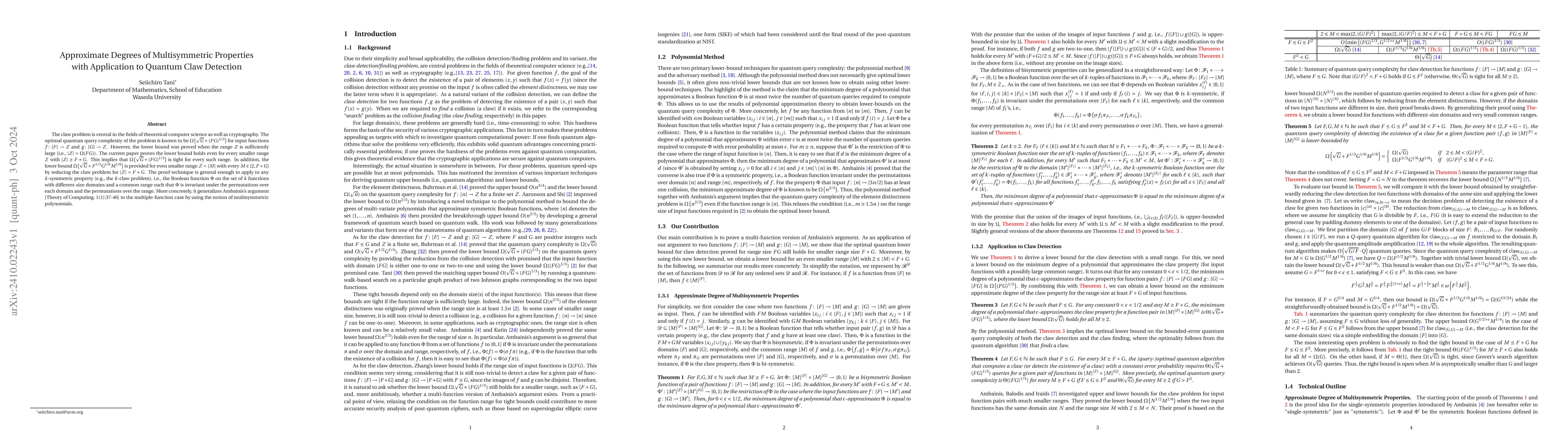 Thumbnail for Approximate Degrees of Multisymmetric Properties with Application to
  Quantum Claw Detection
