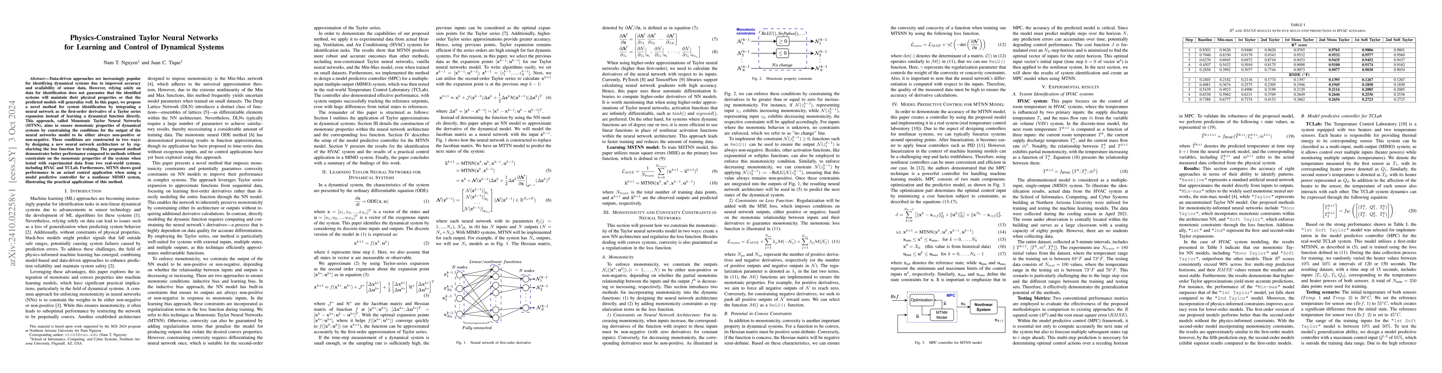 Thumbnail for Physics-Constrained Taylor Neural Networks for Learning and Control of
  Dynamical Systems