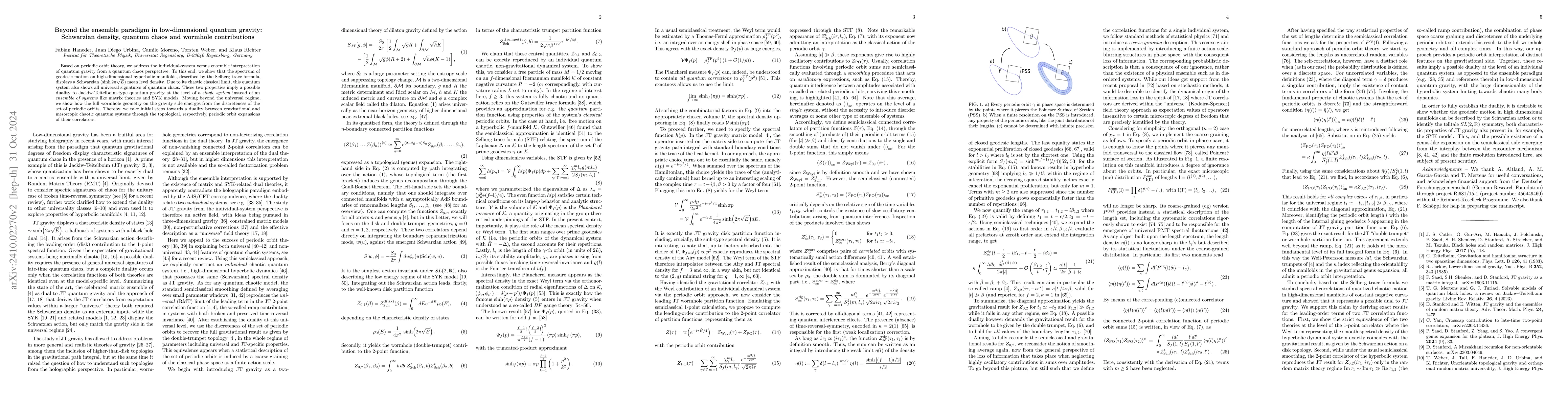 Thumbnail for Beyond the ensemble paradigm in low dimensional quantum gravity:
  Schwarzian density, quantum chaos and wormhole contributions