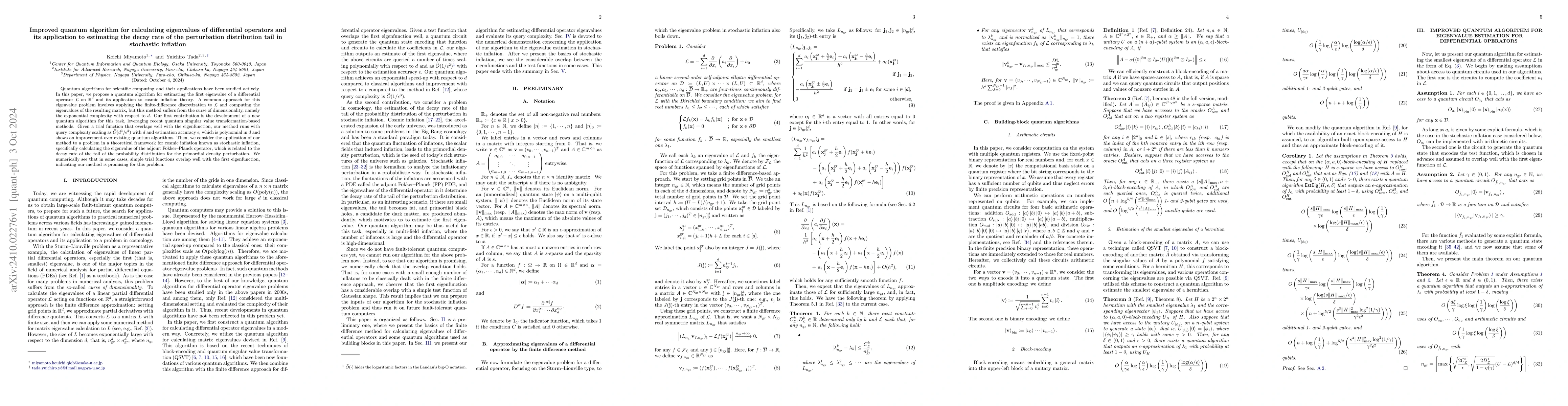 Thumbnail for Improved quantum algorithm for calculating eigenvalues of differential
  operators and its application to estimating the decay rate of the
  perturbation distribution tail in stochastic inflation