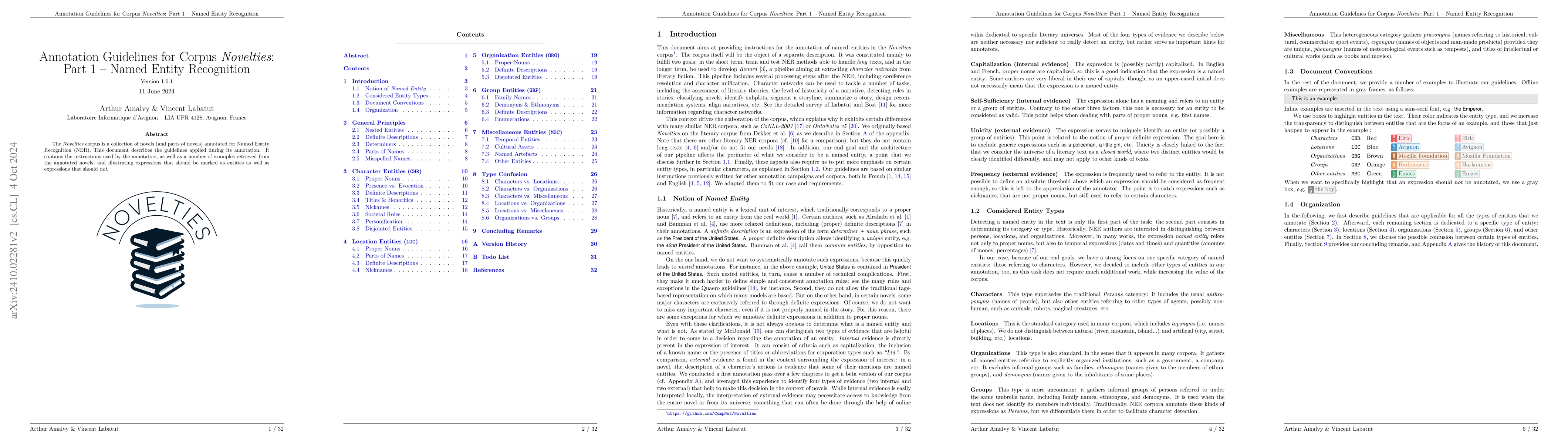 Thumbnail for Annotation Guidelines for Corpus Novelties: Part 1 -- Named Entity
  Recognition