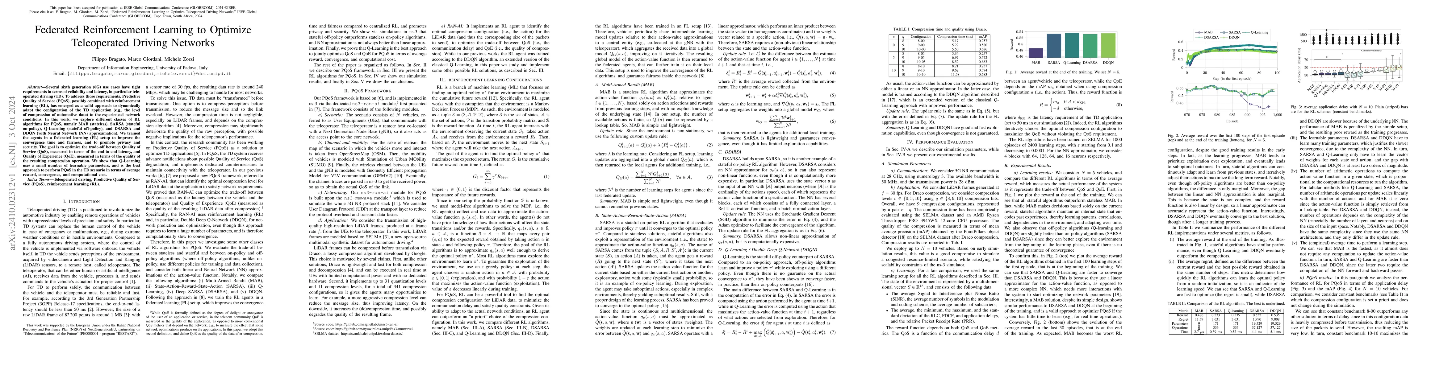 Thumbnail for Federated Reinforcement Learning to Optimize Teleoperated Driving
  Networks