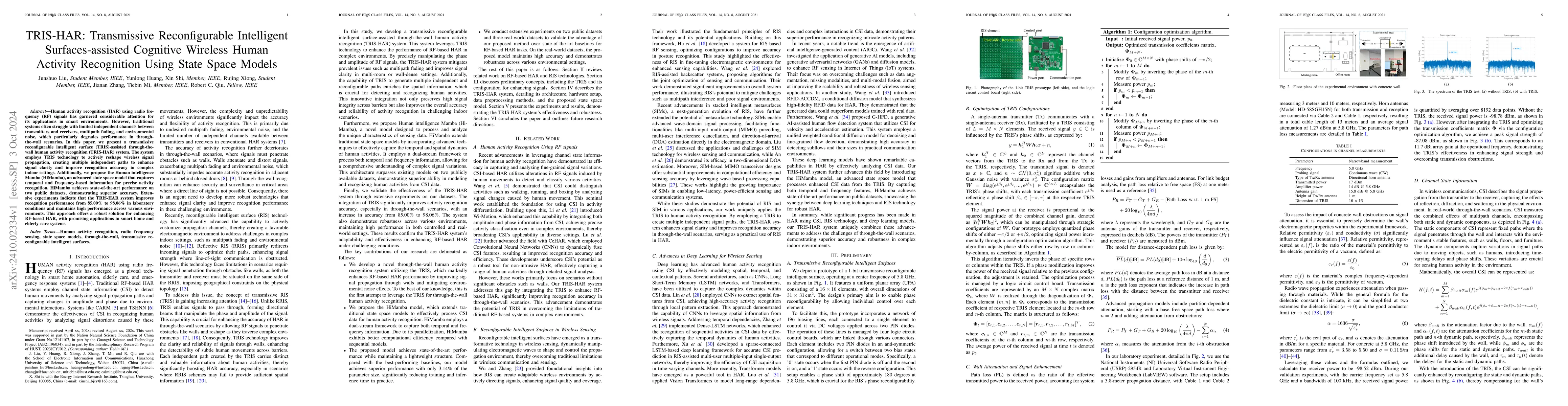 Thumbnail for TRIS-HAR: Transmissive Reconfigurable Intelligent Surfaces-assisted
  Cognitive Wireless Human Activity Recognition Using State Space Models