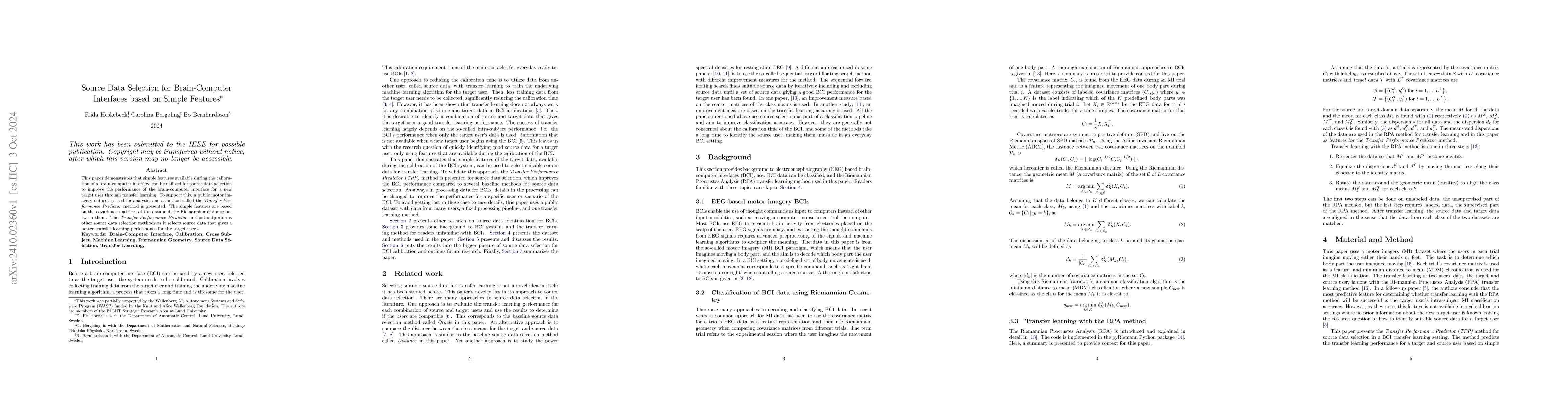 Thumbnail for Source Data Selection for Brain-Computer Interfaces based on Simple
  Features