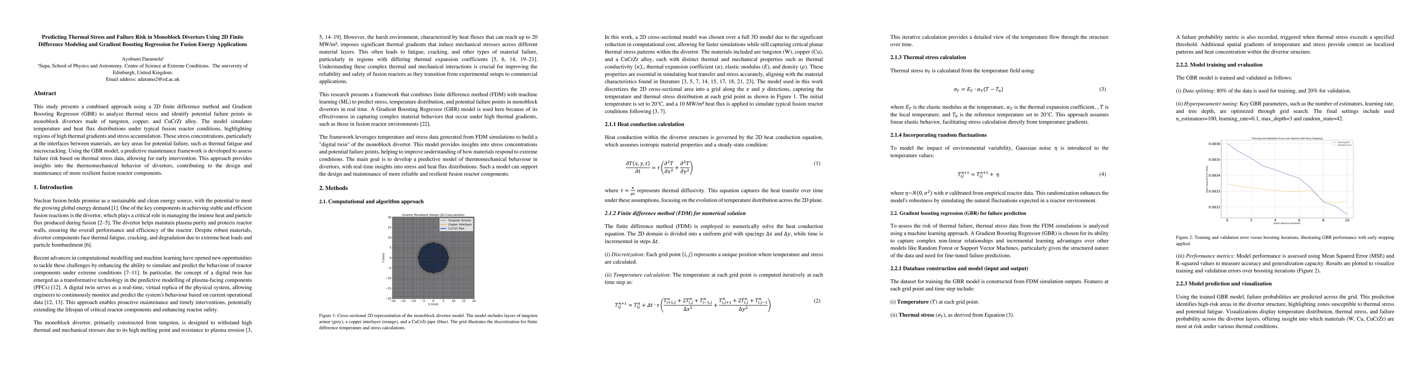 Thumbnail for Predicting Thermal Stress and Failure Risk in Monoblock Divertors Using
  2D Finite Difference Modelling and Gradient Boosting Regression for Fusion
  Energy Applications