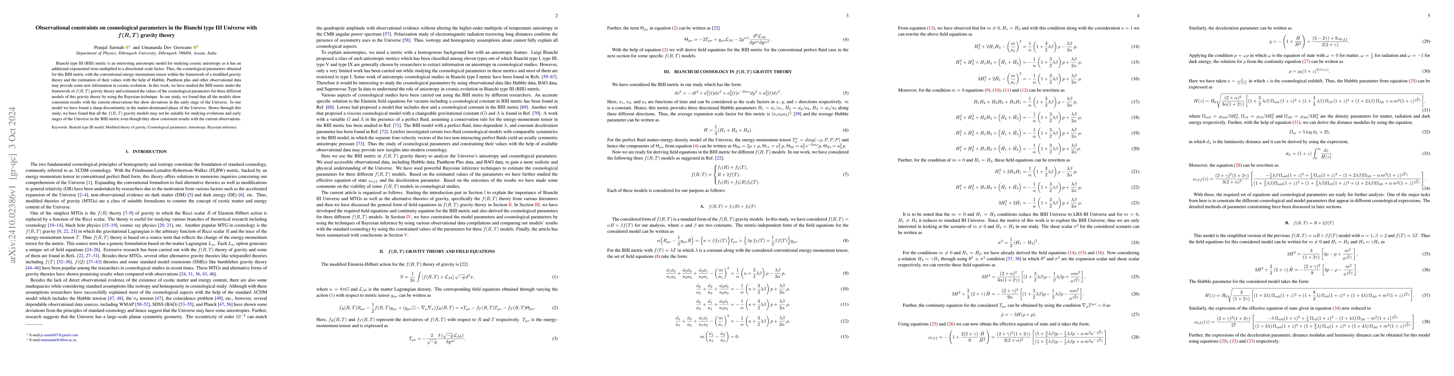 Thumbnail for Observational constraints on cosmological parameters in the Bianchi type
  III Universe with f(R,T) gravity theory