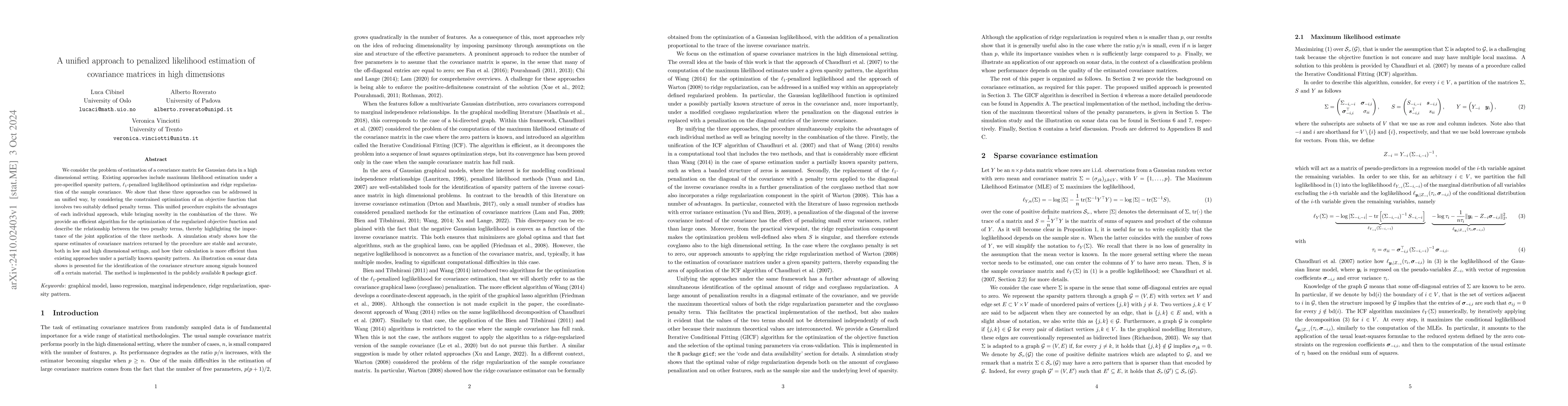 Thumbnail for A unified approach to penalized likelihood estimation of covariance
  matrices in high dimensions